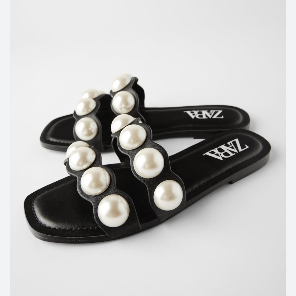 Zara Black Sandals with Pearl Accents